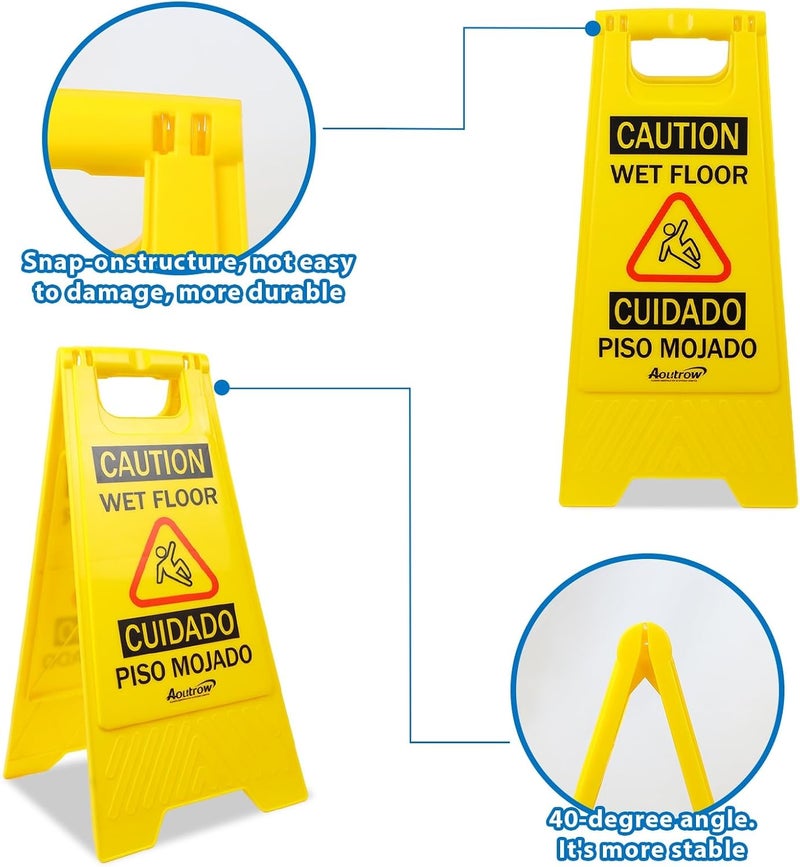 Aoutrow Caution Wet Floor Sign, （L:17.12in W:8.38in H:0.94in）2-Sided Foldable Safety Sign for Commercial Use, A Frame Caution Sign Bilingual Warning Signs, Yellow (yellow 2pack) - Image 2